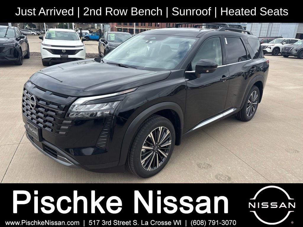 2026 Nissan Pathfinder Platinum in Super Black — front three-quarter view